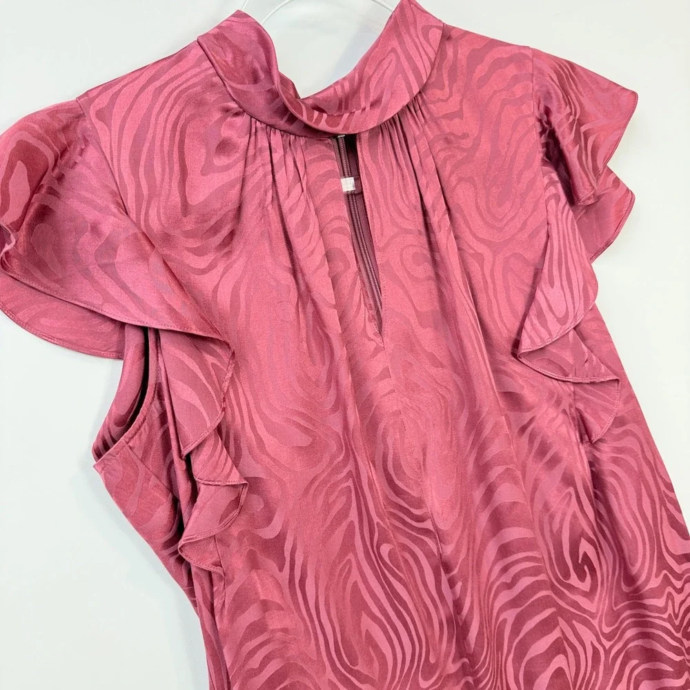Rebecca Taylor Blouse Womens Small Pink Silk Blend Zebra Flutter Sleeve Top‎